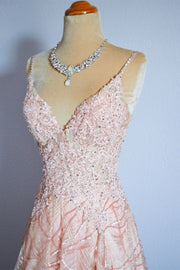 Blushing Pink Spaghetti Strap Sequins Lace Long Formal Dress