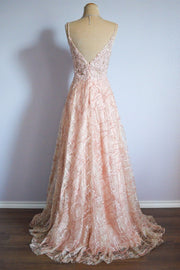 Blushing Pink Spaghetti Strap Sequins Lace Long Formal Dress