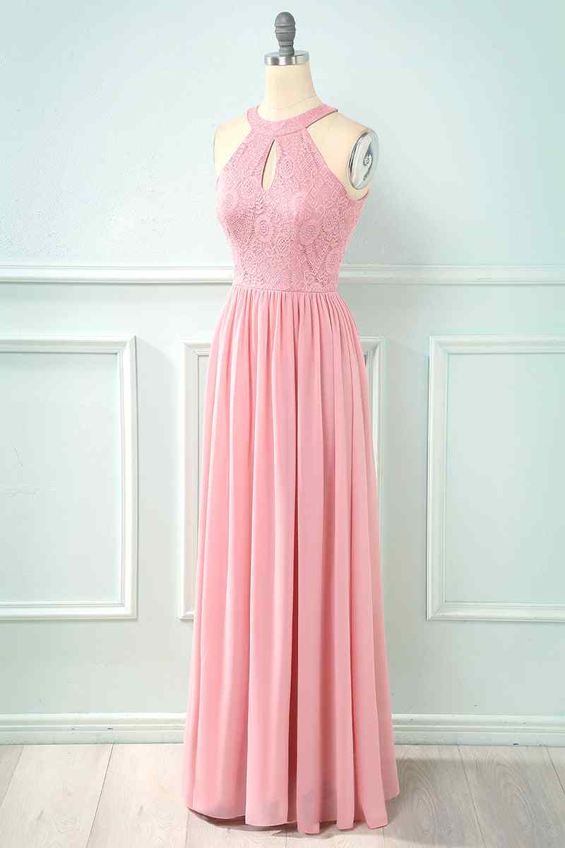 Pink A-line Halter Lace Cut-Out Chiffon Long Bridesmaid Dress