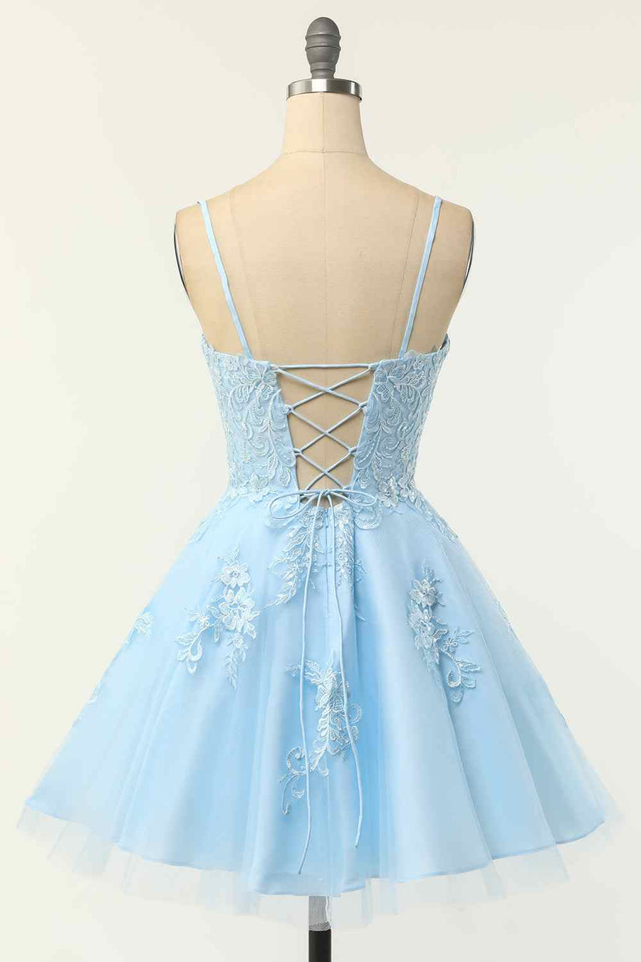 Light Blue A-line Spaghetti Straps Lace-Up Back Applique Mini Homecoming Dress Light Blue / Custom Size Light Blue A-line Spaghetti Straps Lace-Up Back Applique Mini Homecoming Dress Light Blue / Custom Size
