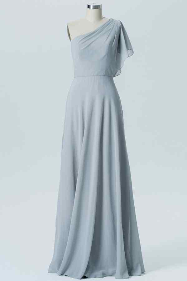 Dusty Lavender A-line One Flowing Shoulder Pleated Chiffon Long Bridesmaid Dress