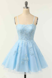 Light Blue A-line Spaghetti Straps Lace-Up Back Applique Mini Homecoming Dress