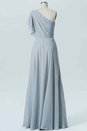 Dusty Lavender A-line One Flowing Shoulder Pleated Chiffon Long Bridesmaid Dress