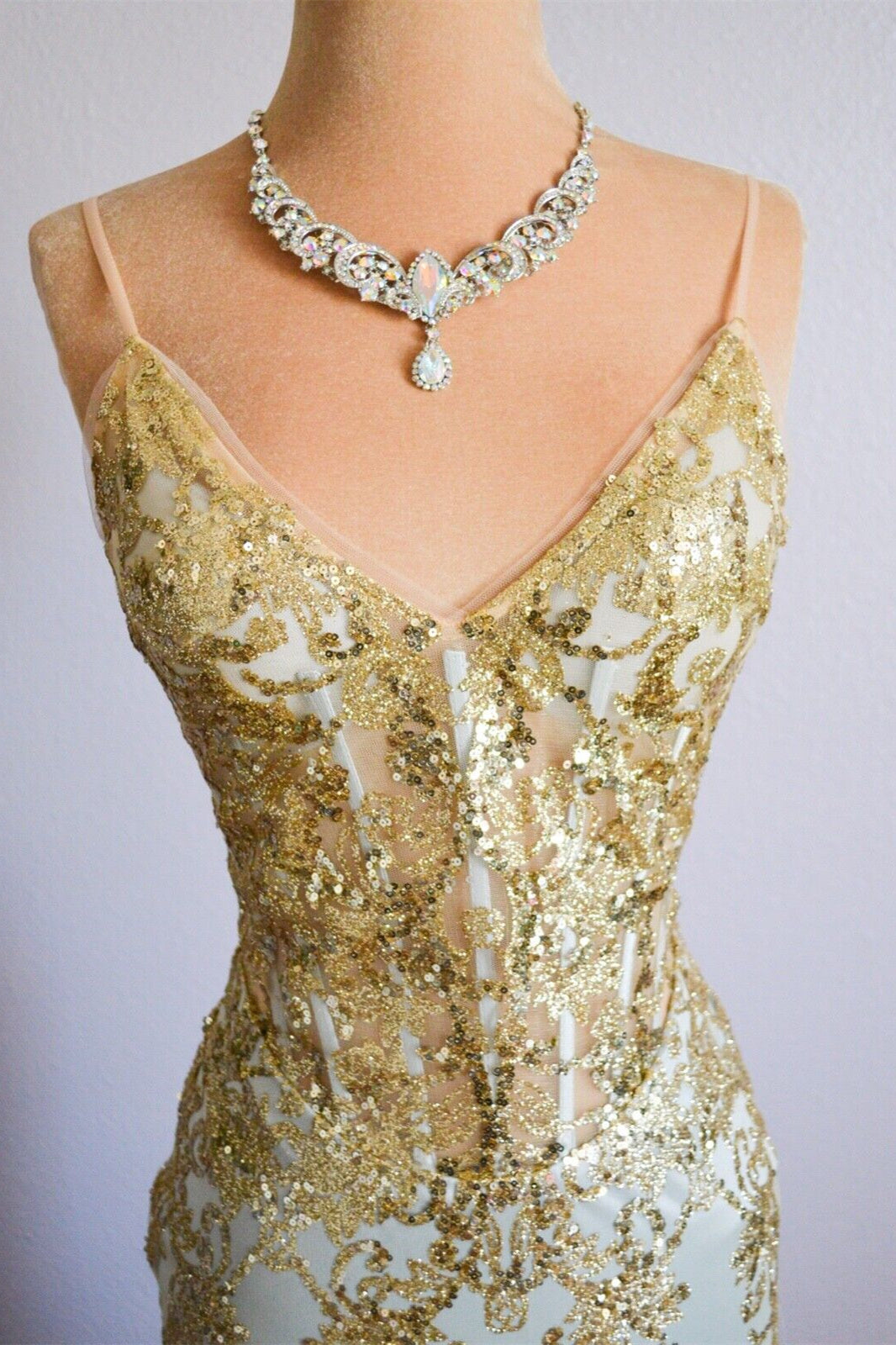 Gold Mermaid Spaghetti Strap V Neckline Sparkly Long Formal Dress