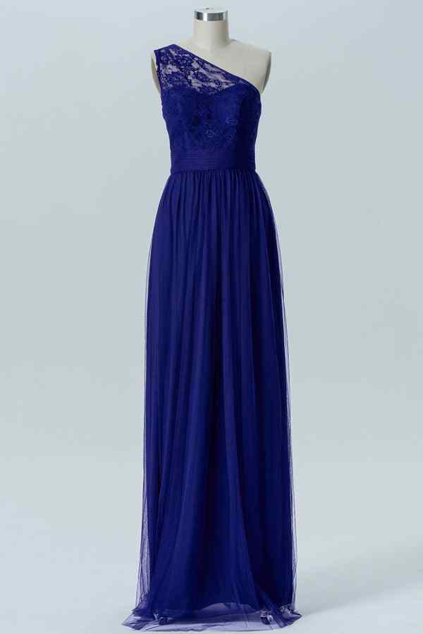 Royal Blue A-line Illusion Lace One Shoulder Tulle Long Bridesmaid Dress Royal Blue / Custom Size