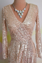 Blushing Pink Faux-wrap Long Sleeves Sequins Long Formal Dress