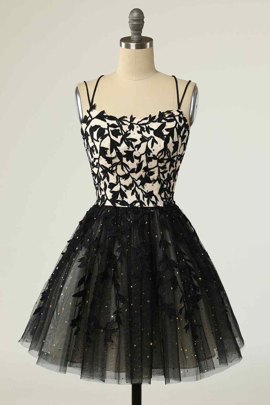 Black A-line Double Spaghetti Straps Lace-Up Applique Mini Homecoming Dress