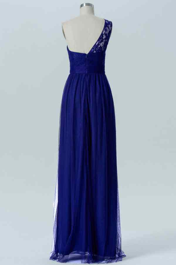 Royal Blue A-line Illusion Lace One Shoulder Tulle Long Bridesmaid Dress