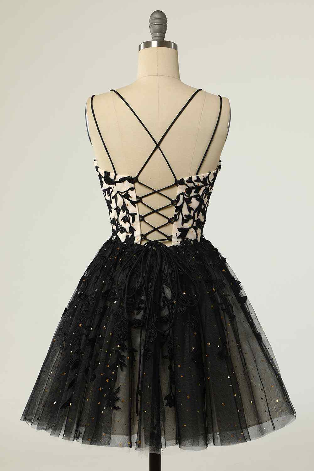 Black A-line Double Spaghetti Straps Lace-Up Applique Mini Homecoming Dress