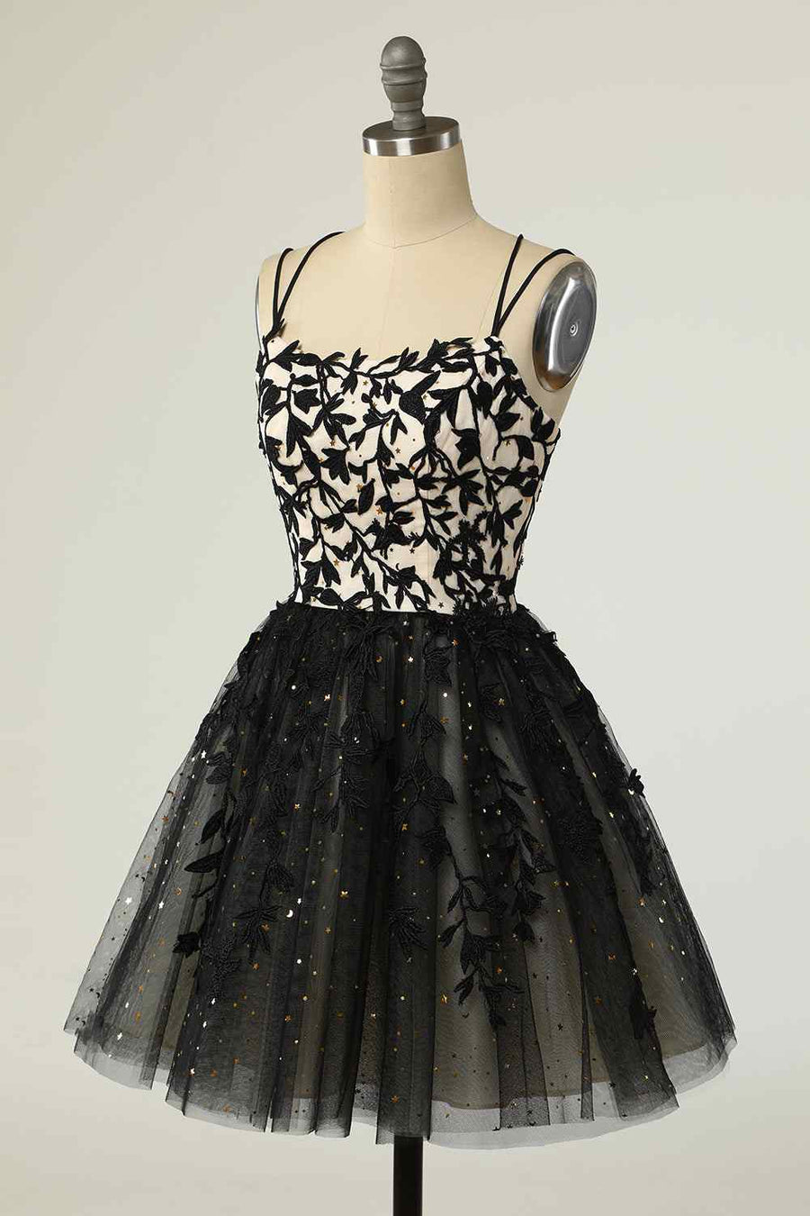 Black A-line Double Spaghetti Straps Lace-Up Applique Mini Homecoming Dress