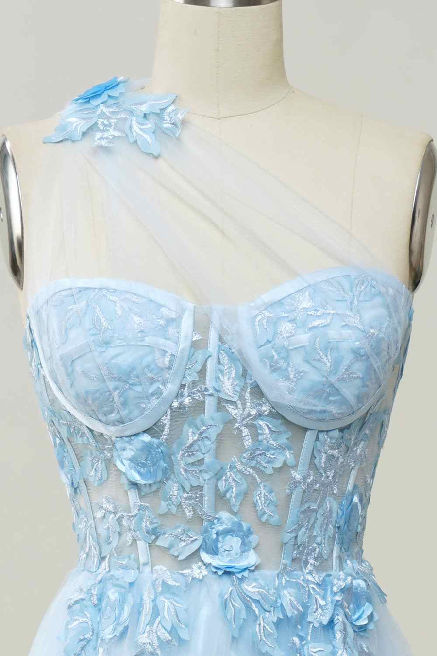 3D Floral One Shoulder Tulle A-Line Prom Party Dress