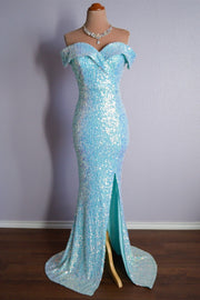 Sky Blue Mermaid Portrait Sparkly Long Formal Dress