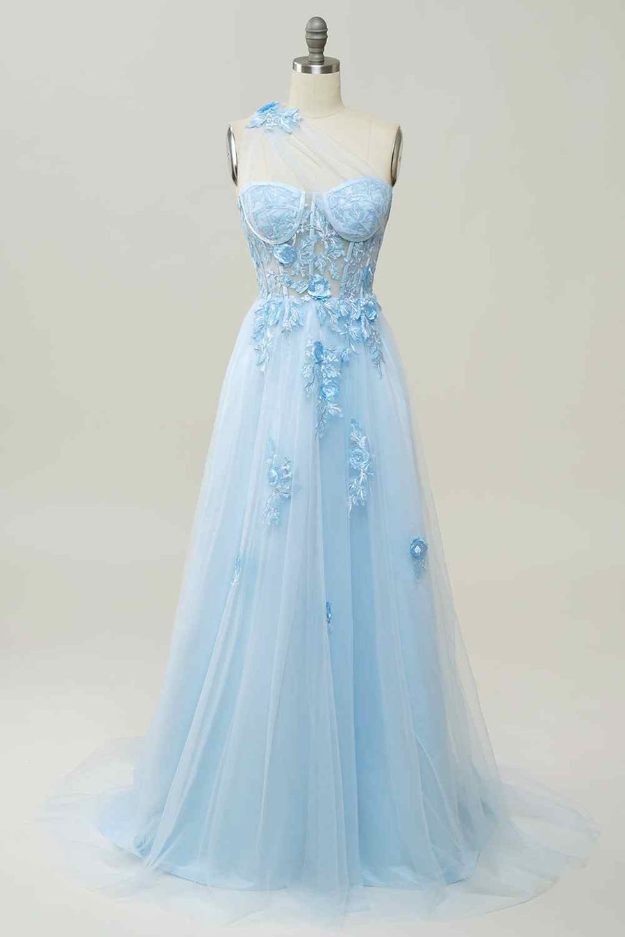 3D Floral One Shoulder Tulle A-Line Prom Party Dress