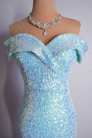 Sky Blue Mermaid Portrait Sparkly Long Formal Dress