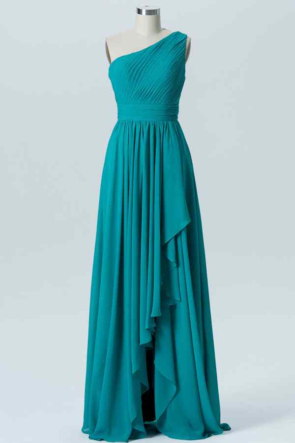 Jade A-line One Shoulder Pleated Chiffon Hi-low Bridesmaid Dress Jade / US 4