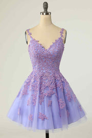 Lilac A-line V Neck Lace-Up Applique Mini Homecoming Dress