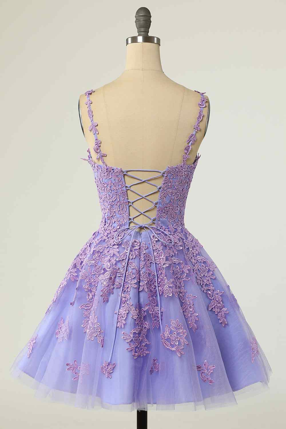 Lilac A-line V Neck Lace-Up Applique Mini Homecoming Dress