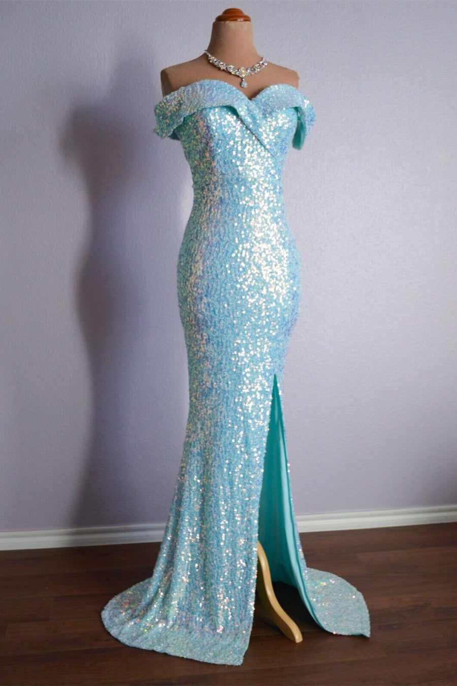 Sky Blue Mermaid Portrait Sparkly Long Formal Dress