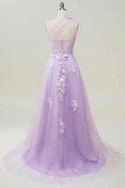 A-line Strapless Tulle Applique Long Prom Dress