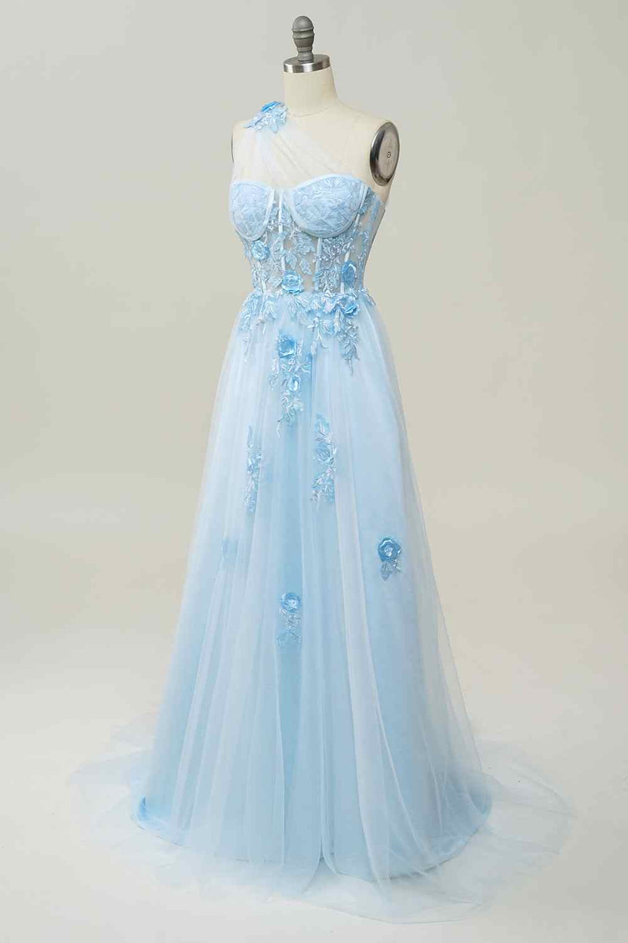 A-line Strapless Tulle Applique Long Prom Dress