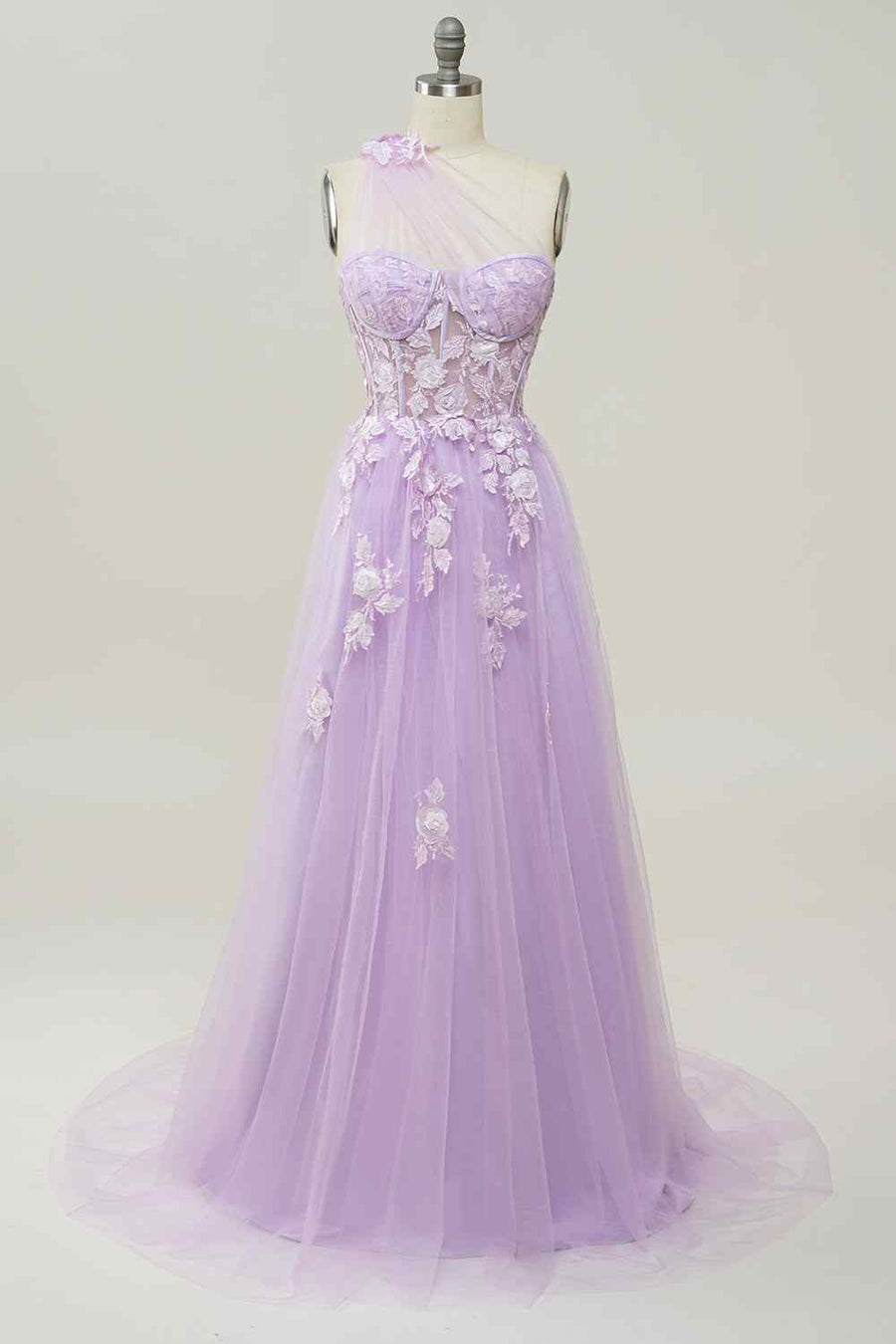 3D Floral One Shoulder Tulle A-Line Prom Party Dress