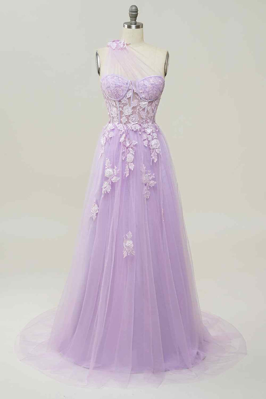 A-line Strapless Tulle Applique Long Prom Dress