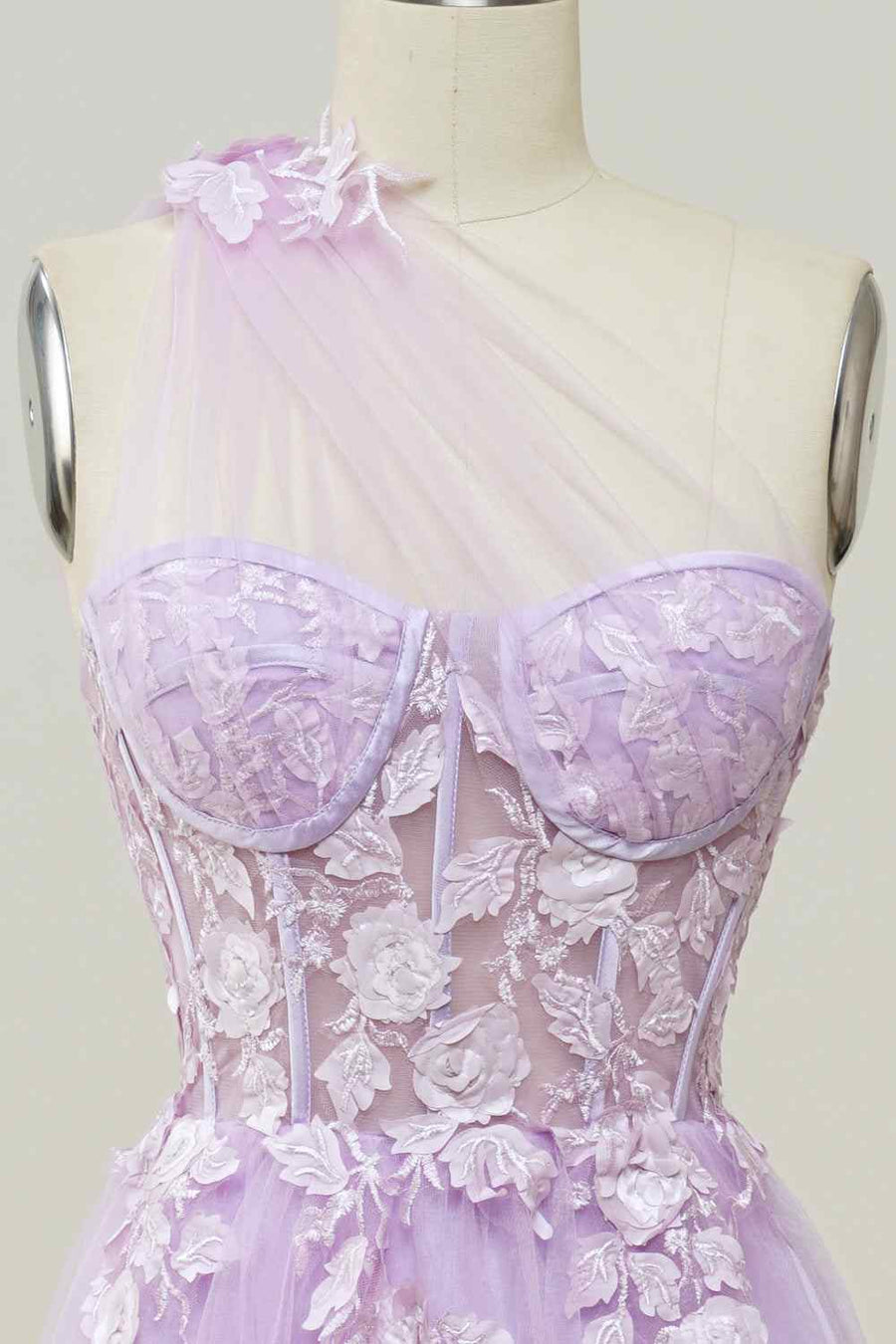 3D Floral One Shoulder Tulle A-Line Prom Party Dress