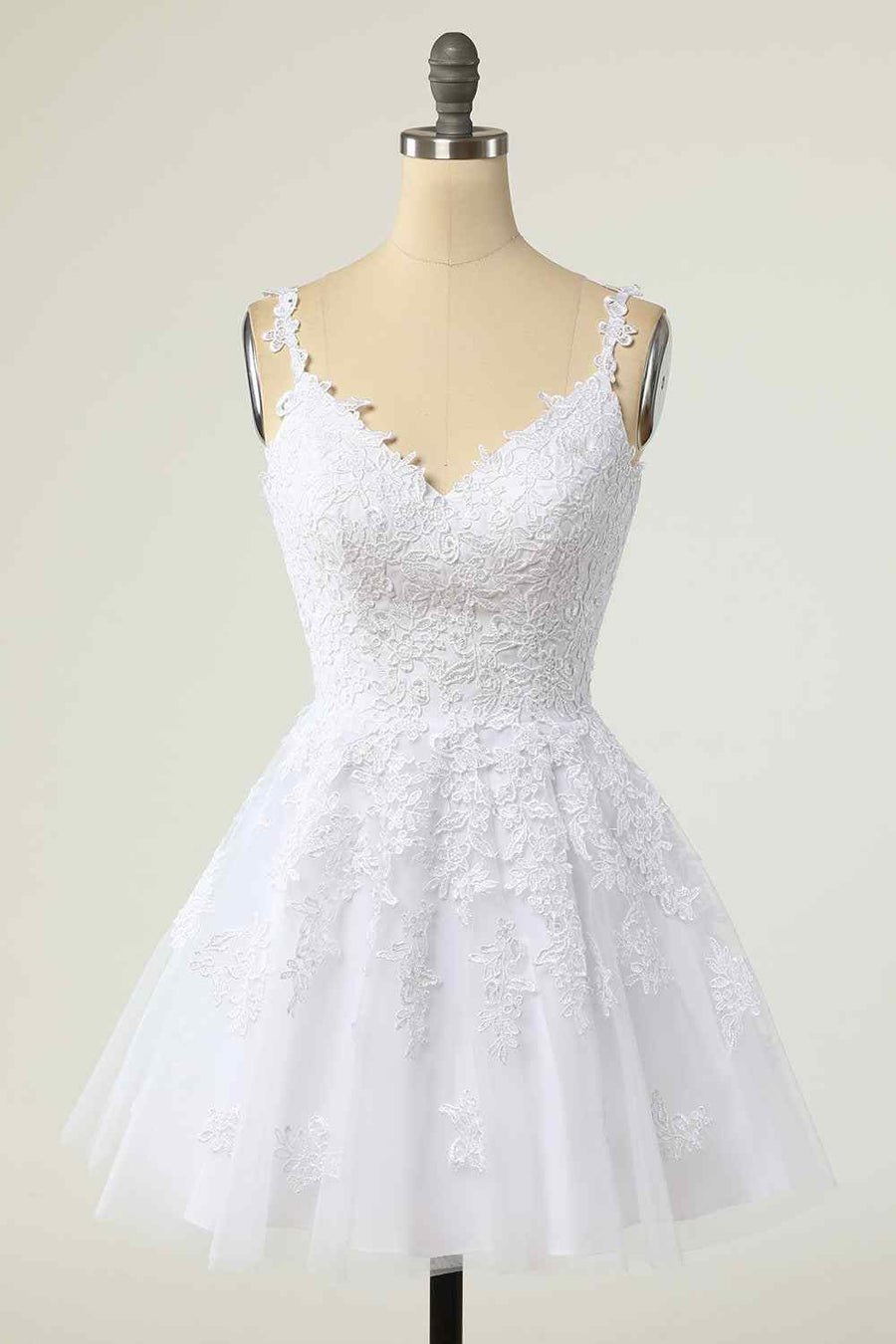 White A-line V Neck Lace-Up Applique Mini Homecoming Dress