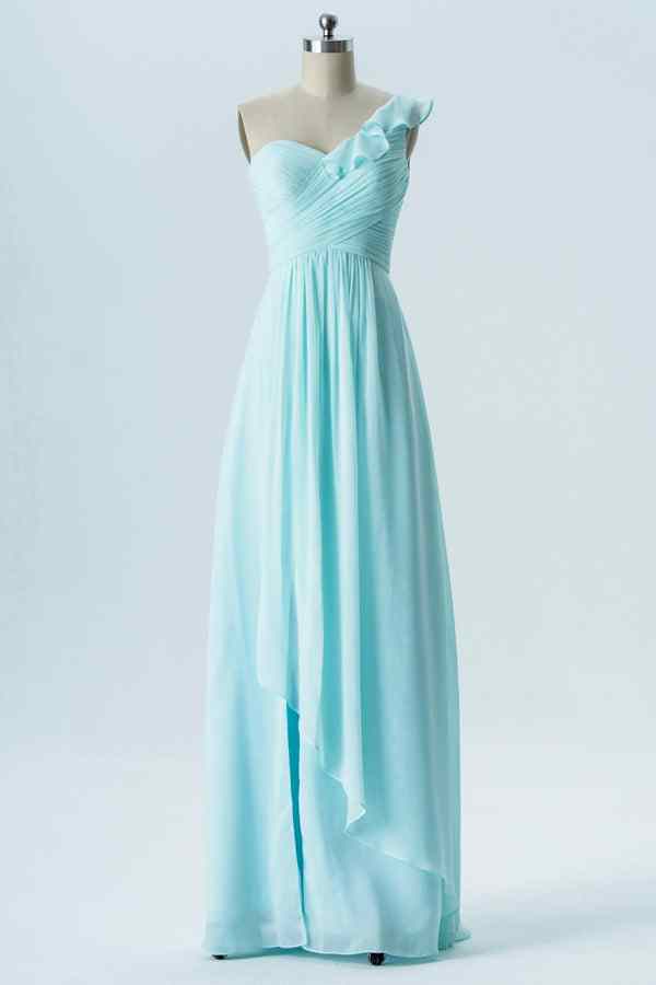 Caribbean A-line One Shoulder Ruffle Pleated Chiffon Long Bridesmaid Dress Caribbean / US 4