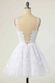 White A-line V Neck Lace-Up Applique Mini Homecoming Dress