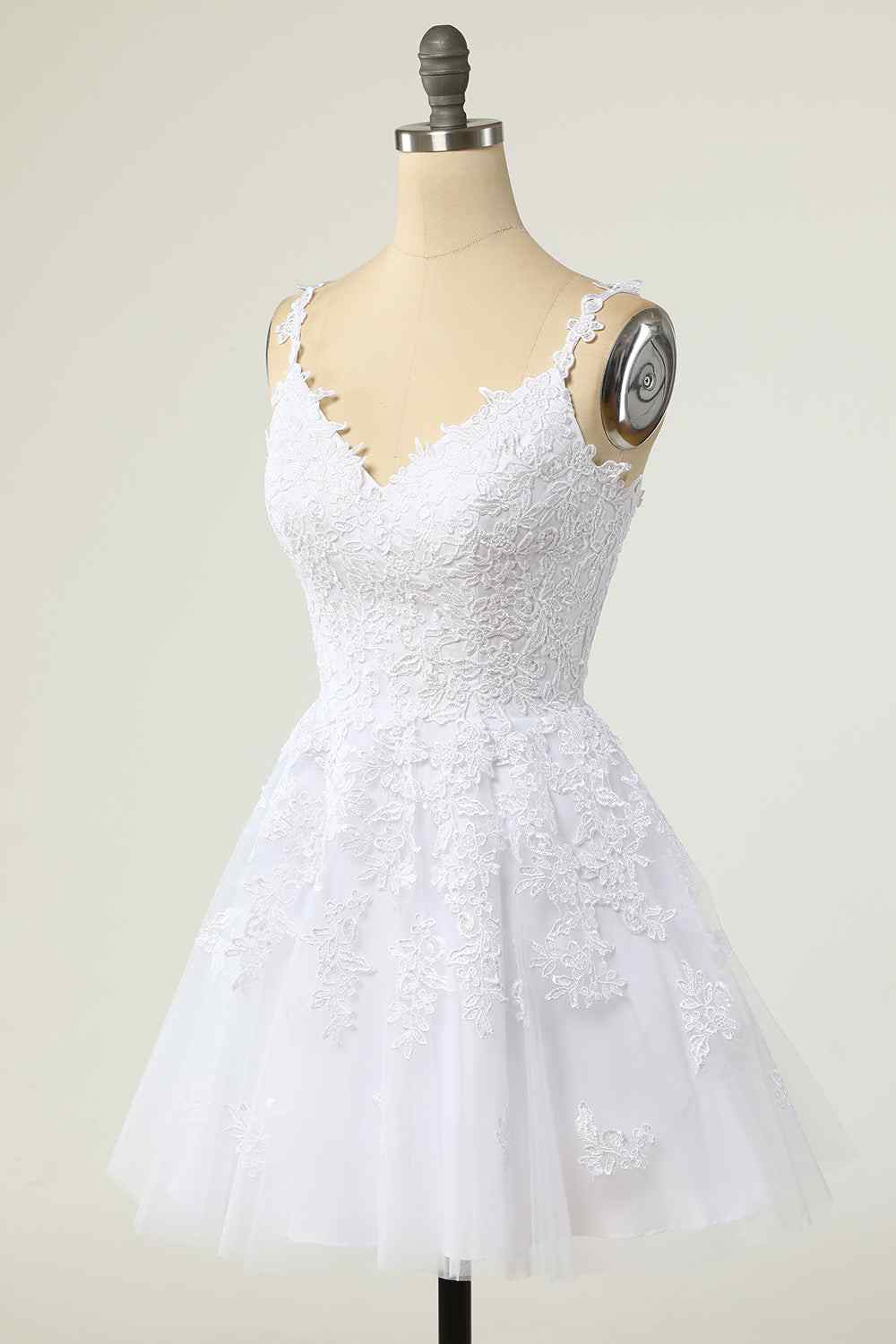 White A-line V Neck Lace-Up Applique Mini Homecoming Dress