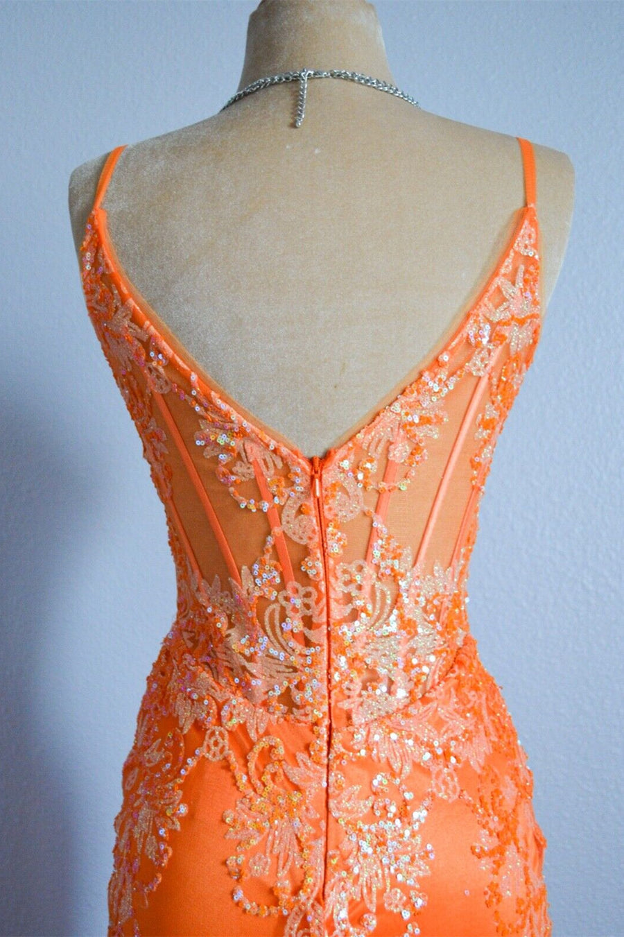 Orange Mermaid Spaghetti Straps Sequins Applique Long Formal Dress