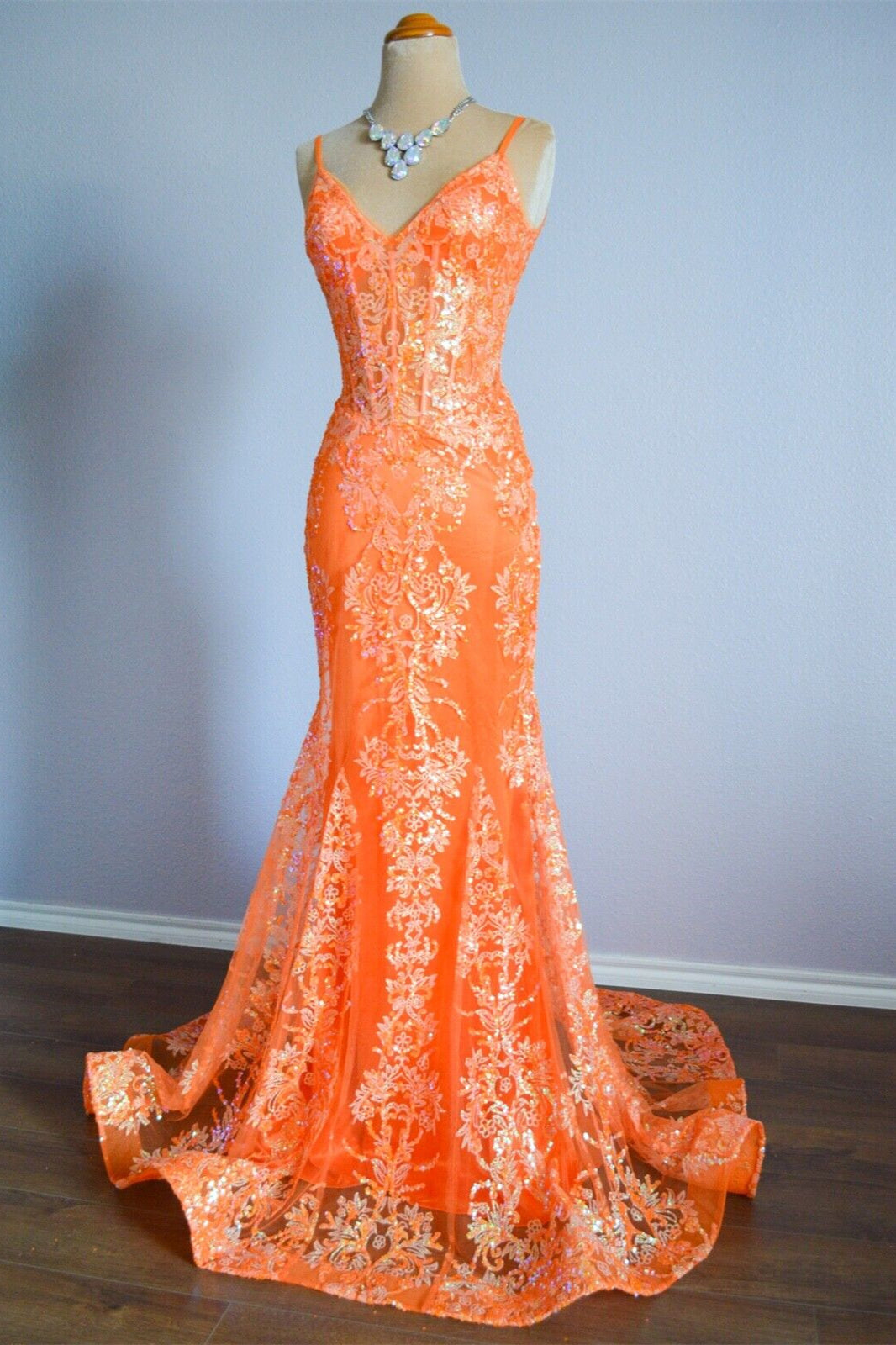 V-Neck Open Back Mermaid Lace Prom Party Dress Orange / US 2 V-Neck Open Back Mermaid Lace Prom Party Dress Orange / US 2