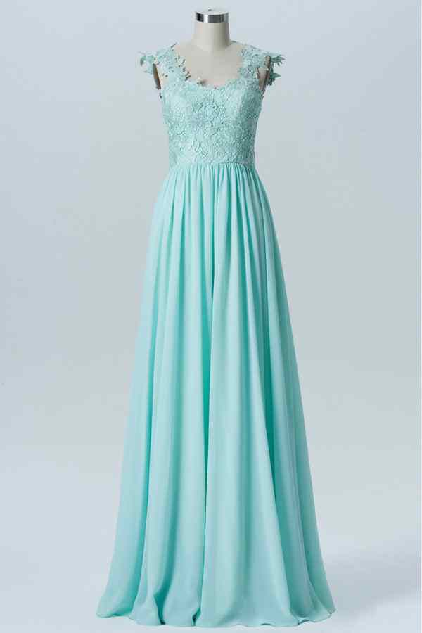 Caribbean A-line Jewel Lace Applique Chiffon Long Bridesmaid Dress