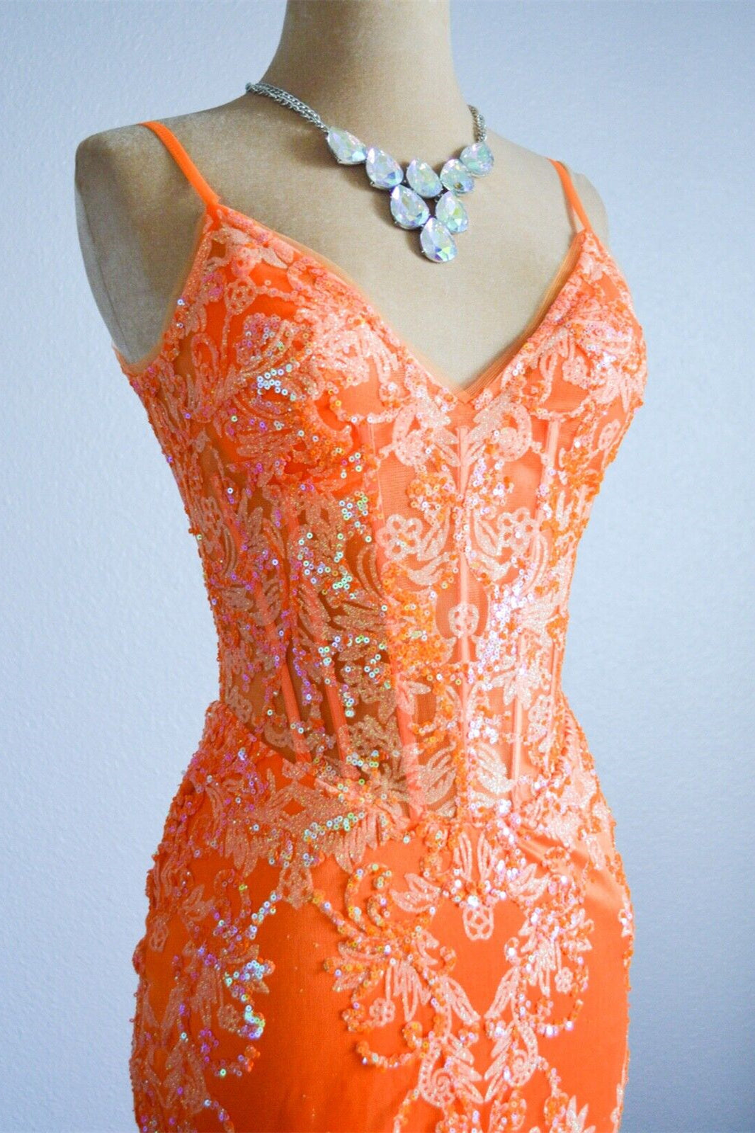 orange dress with lace V-Neck Open Back Mermaid Lace Prom Party Dress Orange / US 2