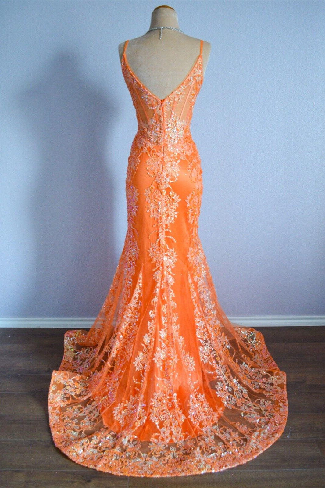 V-Neck Open Back Mermaid Lace Prom Party Dress Orange / US 2 V-Neck Open Back Mermaid Lace Prom Party Dress Orange / US 2