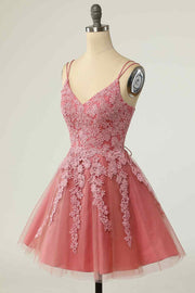 Pink A-line Double Straps V Neck Lace-Up Applique Mini Homecoming Dress