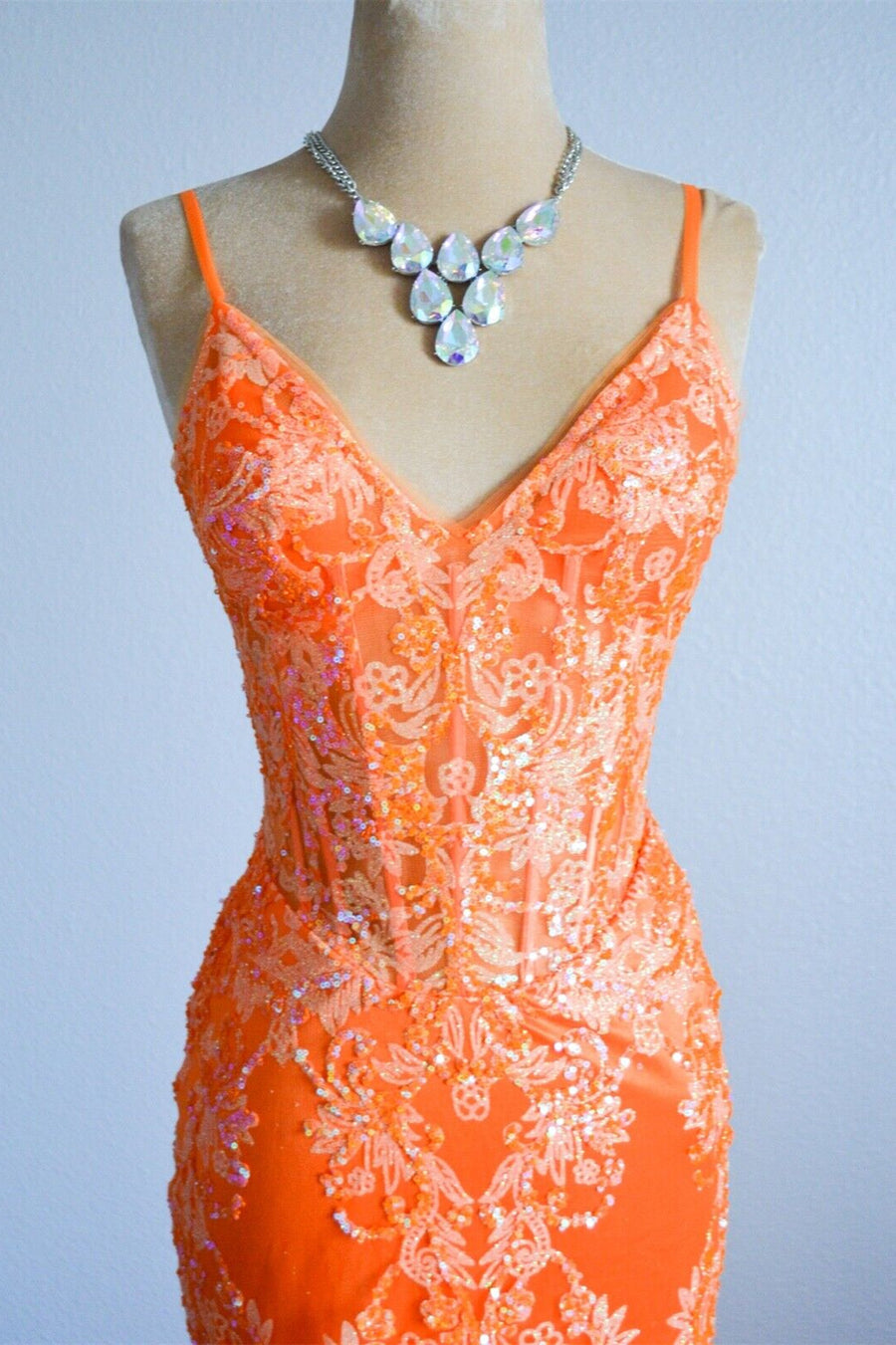 V-Neck Open Back Mermaid Lace Prom Party Dress