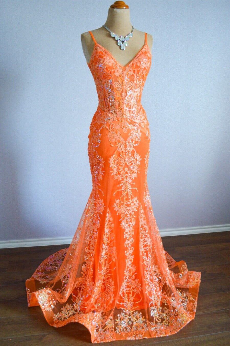 V Neck Oragne Pink Lace Mermaid Prom Dresses, V Neck Mermaid Lace Formal Evening Dresses, US 2 / Orange as Pics / No Rush