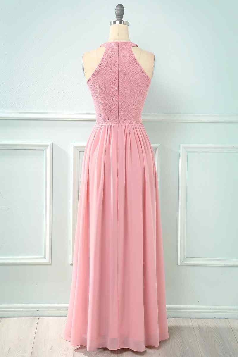 Pink A-line Halter Lace Cut-Out Chiffon Long Bridesmaid Dress