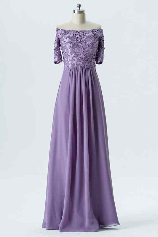 Lavender A-line Off-Shoulder Lace Chiffon Long Bridesmaid Dress