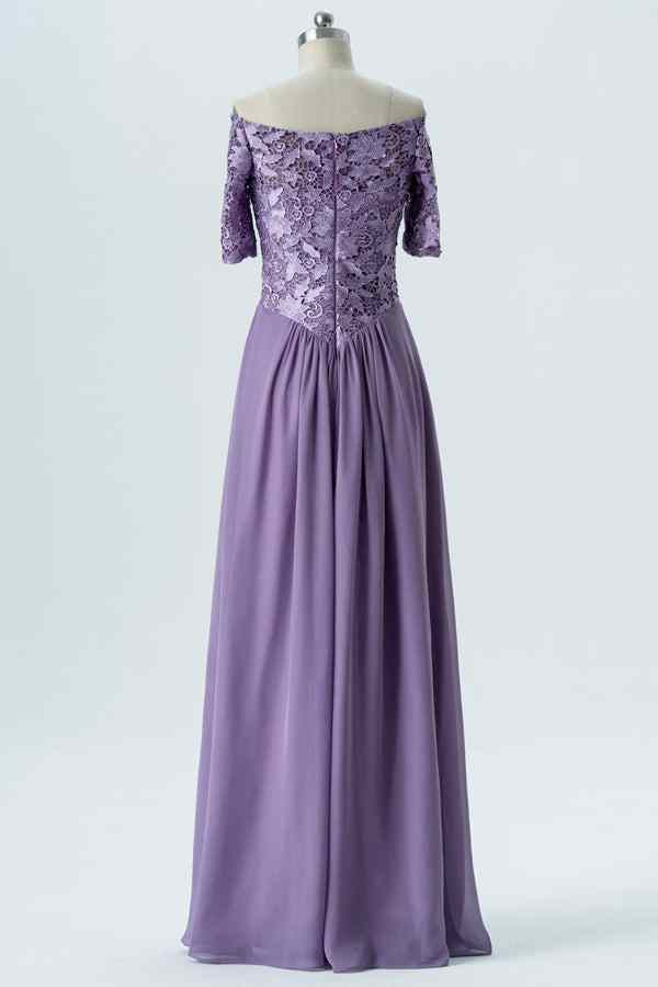 Lavender A-line Off-Shoulder Lace Chiffon Long Bridesmaid Dress