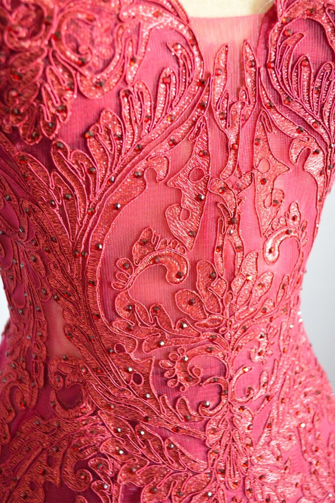 Fuchsia Mermaid Sheer Straps Lace Beaded Long Formal Dress