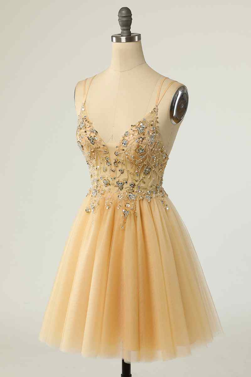 Gold A-line Double Straps Deep V Neck Beading Mini Homecoming Dress