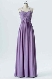 Lavender A-line Bow Tie Back Pleated Chiffon Long Bridesmaid Dress
