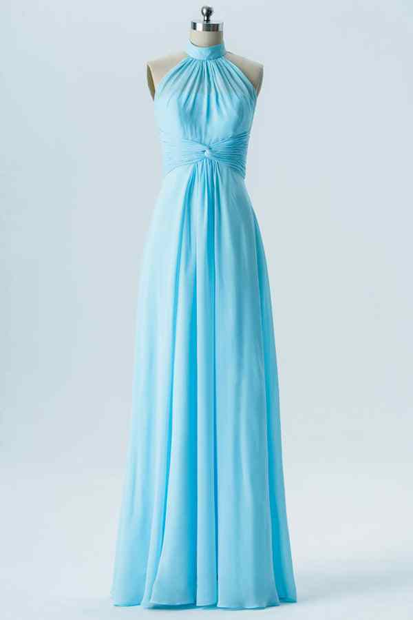 Blue A-line Halter Twisted Knot Chiffon Long Bridesmaid Dress with Buttons