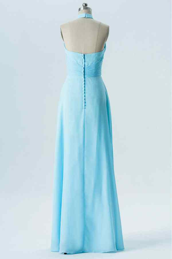 Blue A-line Halter Twisted Knot Chiffon Long Bridesmaid Dress with Buttons Blue / US 4 Blue A-line Halter Twisted Knot Chiffon Long Bridesmaid Dress with Buttons Blue / US 4