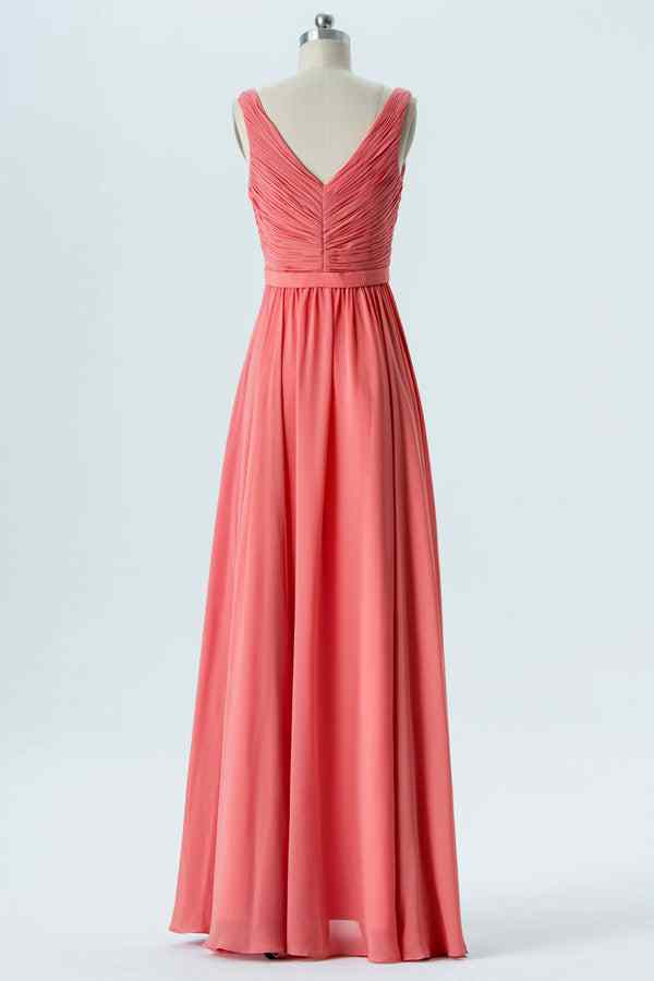 Watermelon A-line V Neck Chiffon Pleated Ruffle Long Bridesmaid Dress
