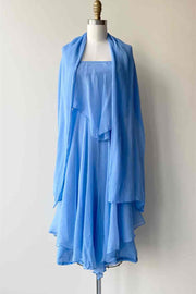 Blue A-line Spaghetti Straps Silk Scarf Chiffon Knee Length Bridesmaid Dress