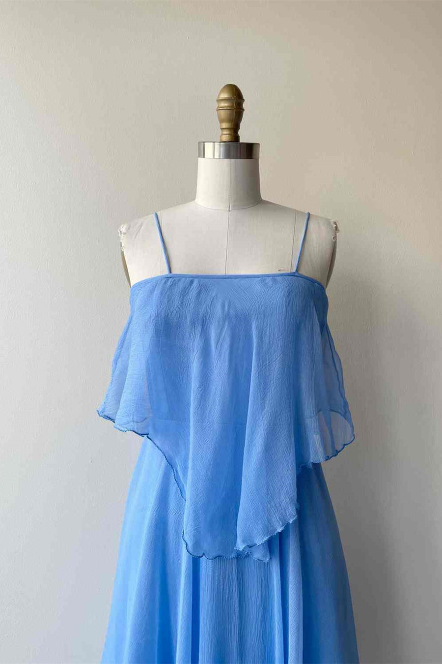 Blue A-line Spaghetti Straps Silk Scarf Chiffon Knee Length Bridesmaid Dress